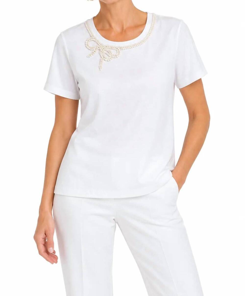 NEW LEO & UGO fabulous pearl bow short sleeve top in white